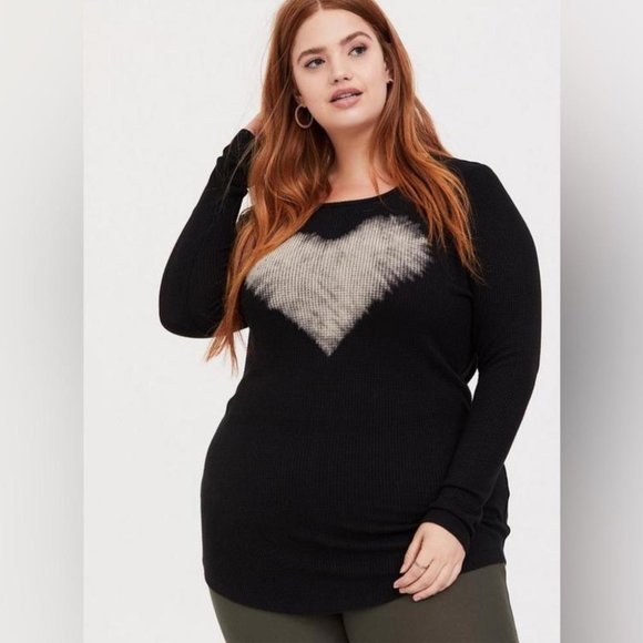 Torrid Tops - Torrid Womens Black Bleached Heart Waffle Knit Long Sleeve Tunic Tee Size 3X